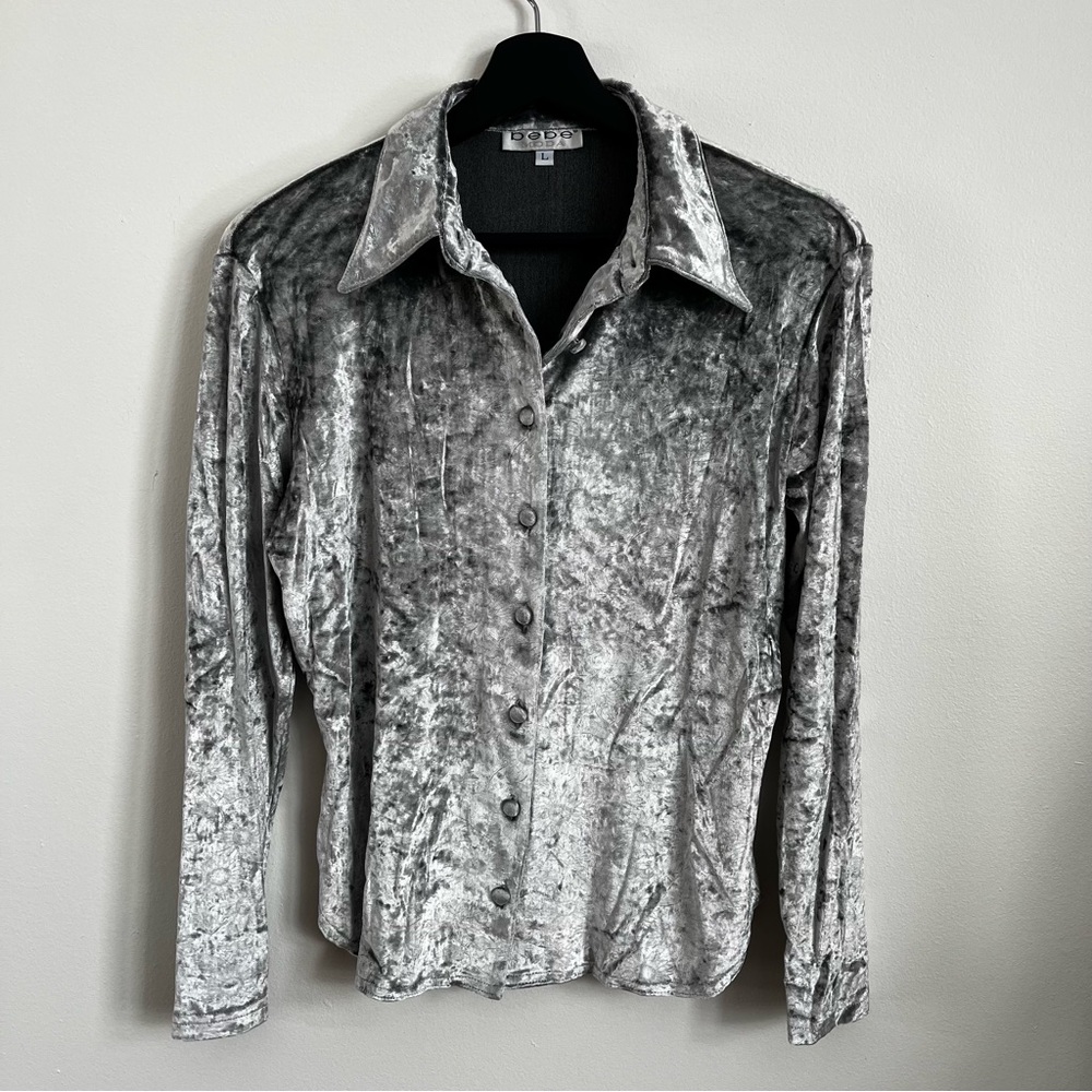 Silver Velvet Bebe Button Up Collard Shirt Size Large